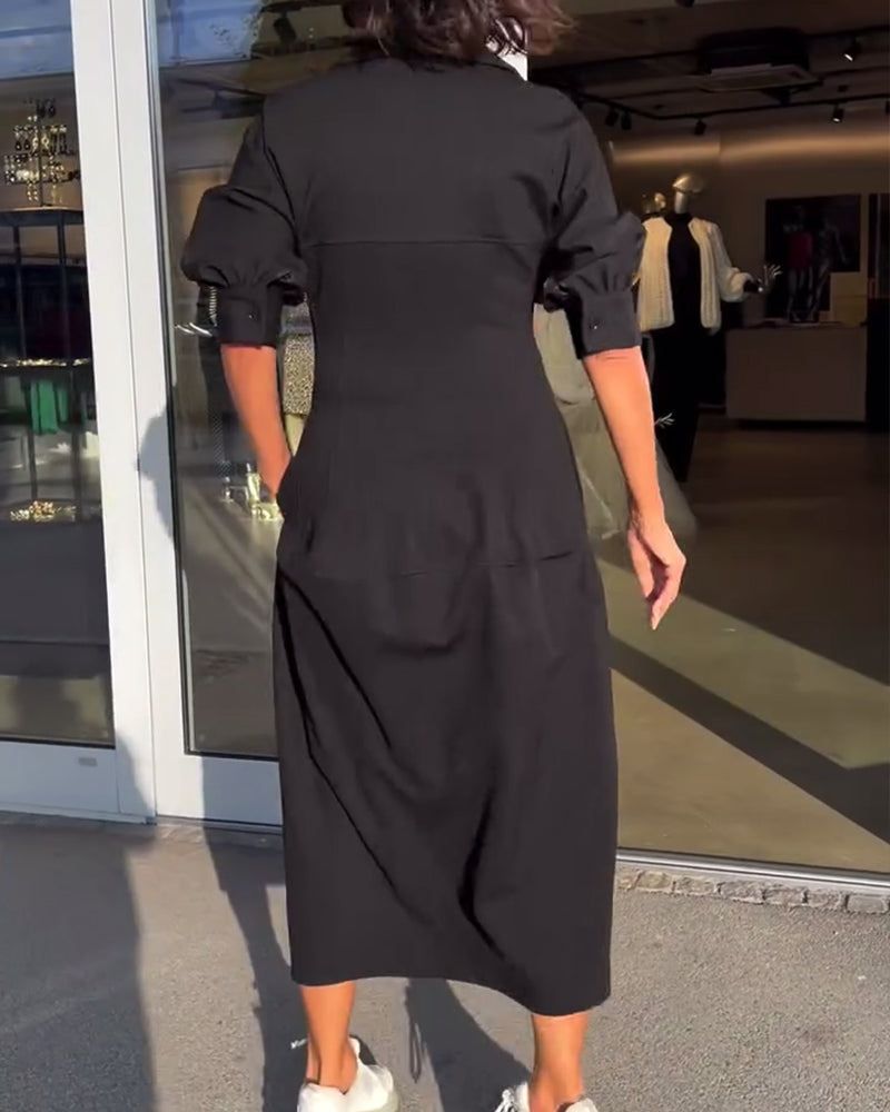 Lunya | Midi Dress Black Collared V-Neck