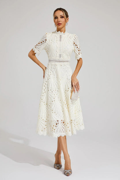 Vorelle | Lace Midi Dress High Neck Short Sleeve