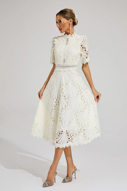 Vorelle | Lace Midi Dress High Neck Short Sleeve