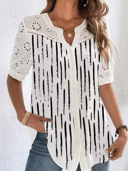 Zoila | Floral Print Eyelet Sleeve Button Blouse