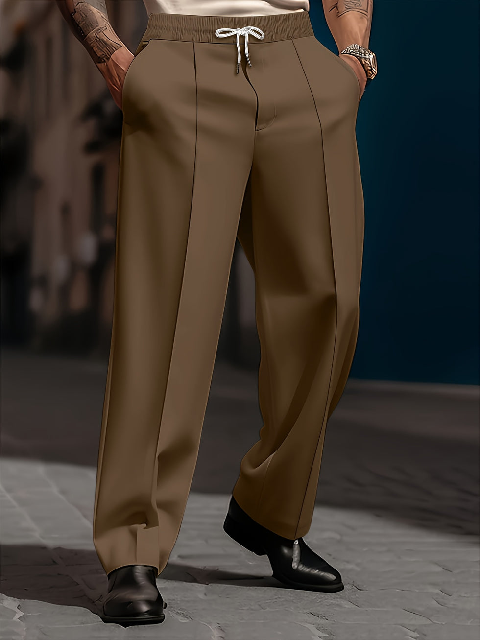 Raimi | Trousers Drawstring Waist Wide Leg Solid Color
