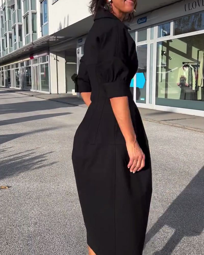 Lunya | Midi Dress Black Collared V-Neck