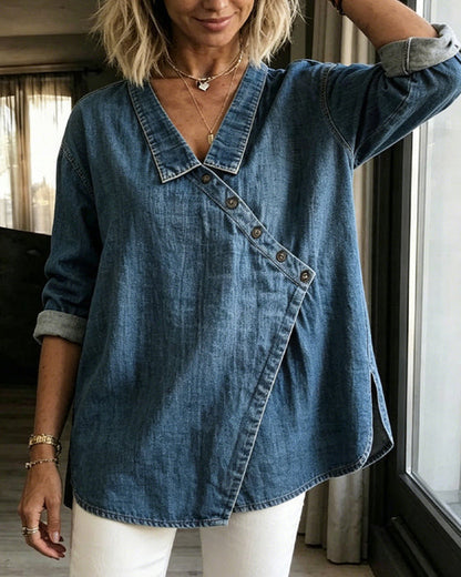 Olizia | Denim-Style Wrap V-Neck Long Sleeve Blouse