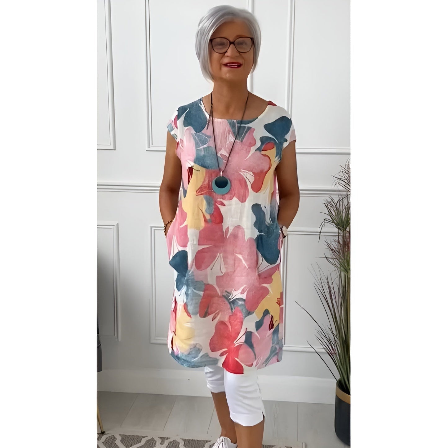 Tonya | Floral Tunic Dress Cap Sleeve Pockets
