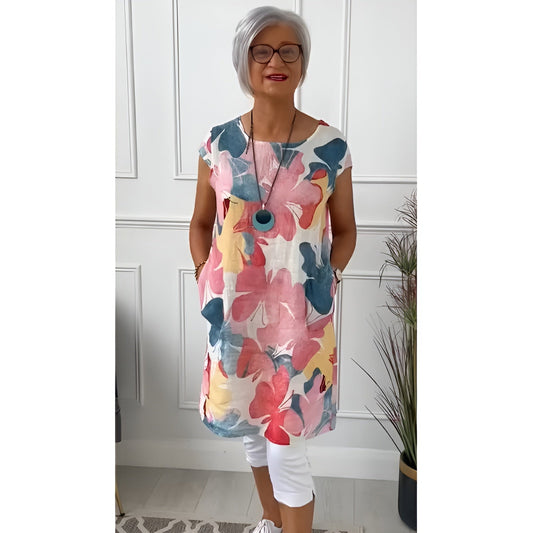 Tonya | Floral Tunic Dress Cap Sleeve Pockets