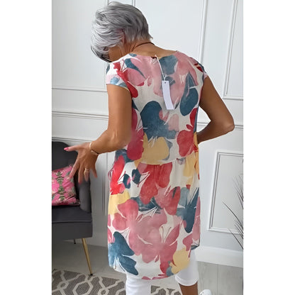 Tonya | Floral Tunic Dress Cap Sleeve Pockets