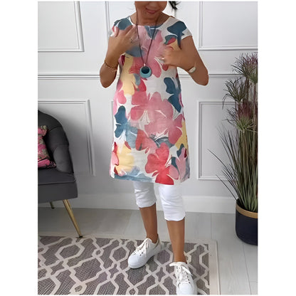 Tonya | Floral Tunic Dress Cap Sleeve Pockets