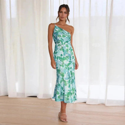 Cynthia | Floral Satin One Shoulder Midi Dress