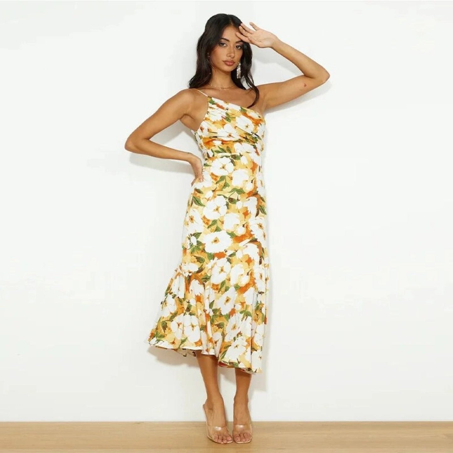 Cynthia | Floral Satin One Shoulder Midi Dress