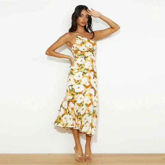 Cynthia | Floral Satin One Shoulder Midi Dress
