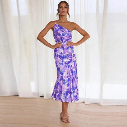 Cynthia | Floral Satin One Shoulder Midi Dress
