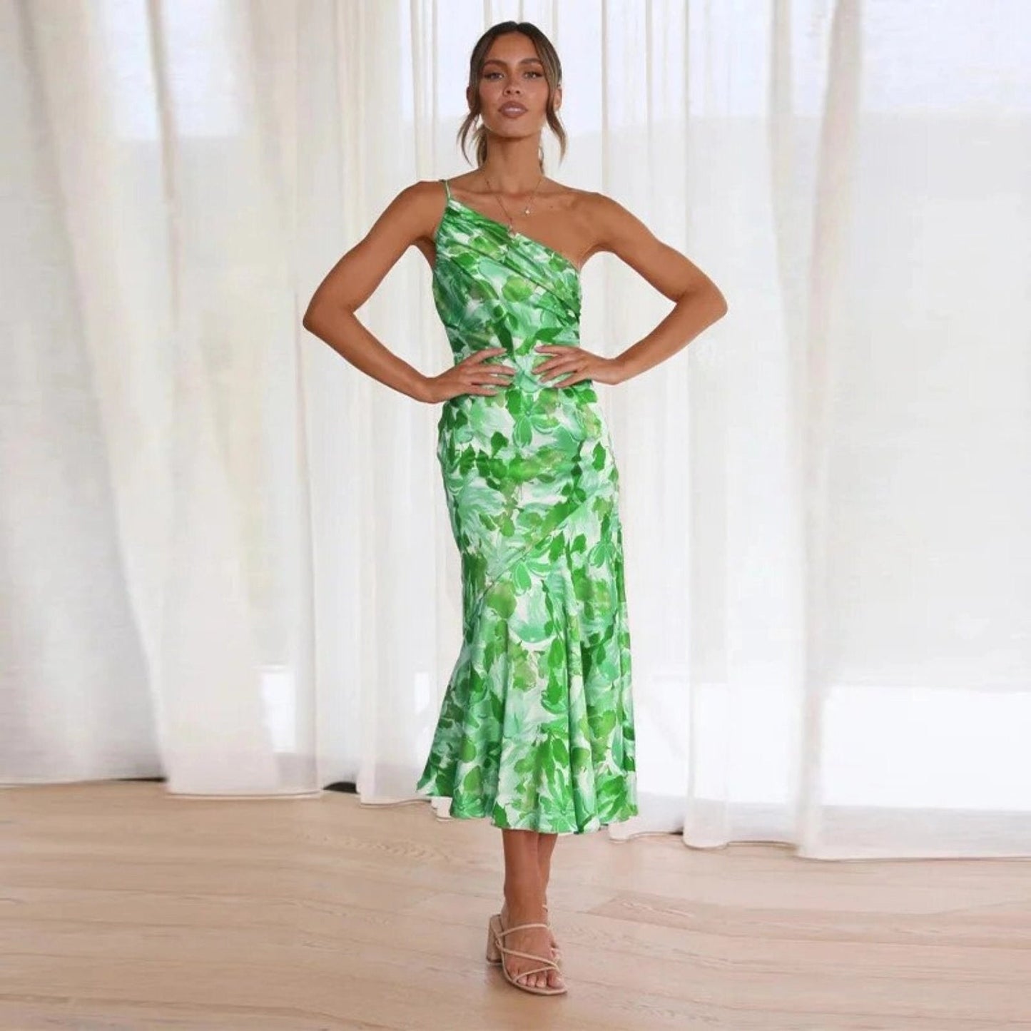 Cynthia | Floral Satin One Shoulder Midi Dress