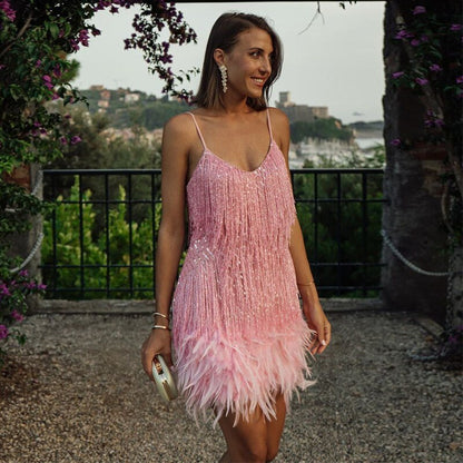 Jemima | Fringe Trim Spaghetti Strap Mini Dress