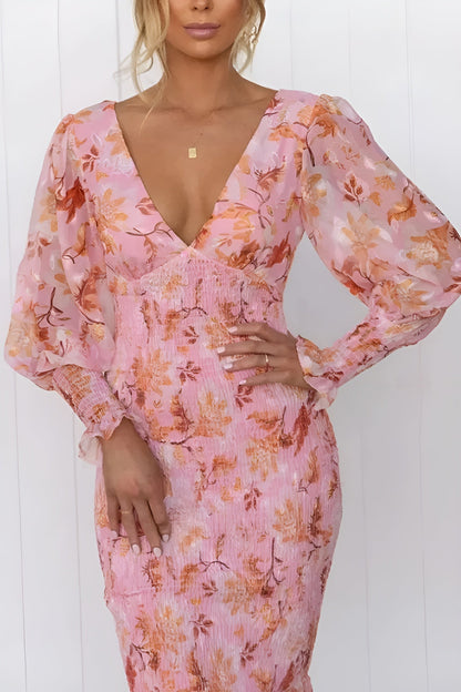 Nayra | Midi Dress Floral Print Puff Sleeve