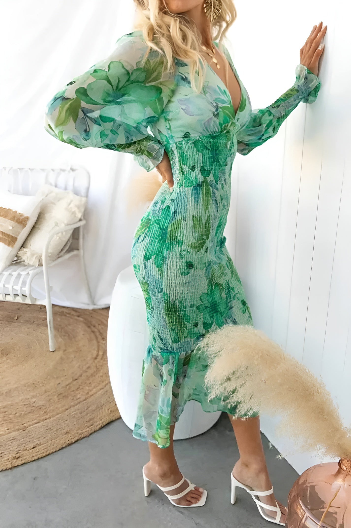 Nayra | Midi Dress Floral Print Puff Sleeve