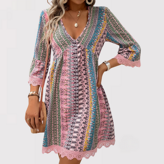 Meline | Boho Print V Neck Mini Dress