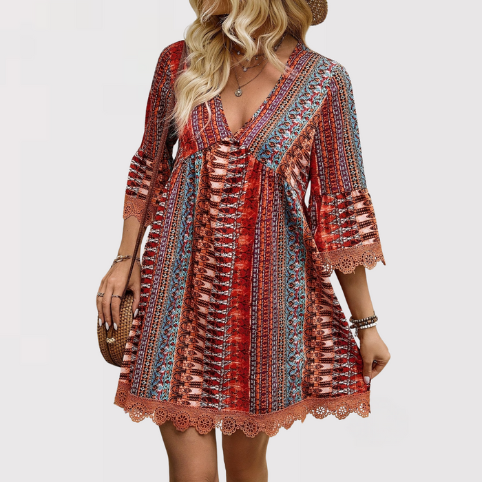 Meline | Boho Print V Neck Mini Dress