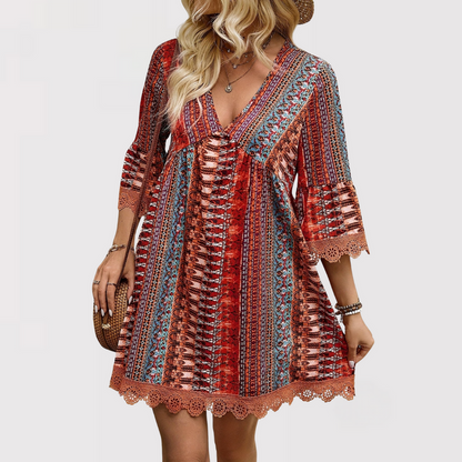 Meline | Boho Print V Neck Mini Dress