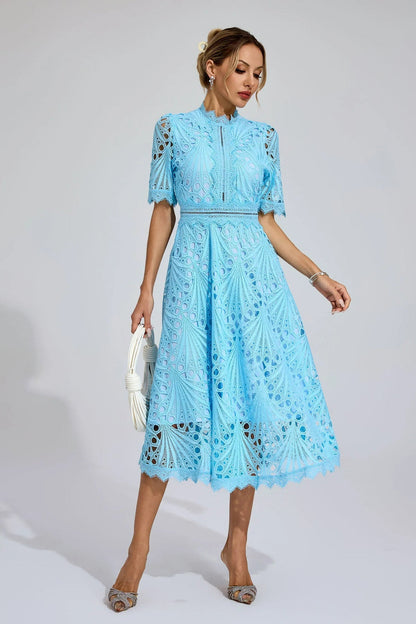 Vorelle | Lace Midi Dress High Neck Short Sleeve