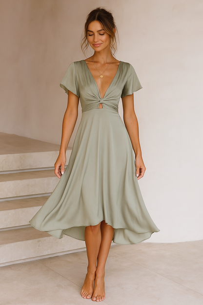 Yesha | Flutter Sleeve Tie Front Midi Dress