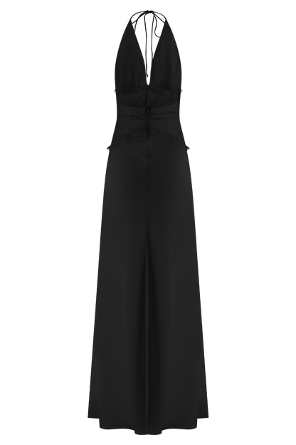 Mayreen | Black Halter Neck Lace Satin Dress