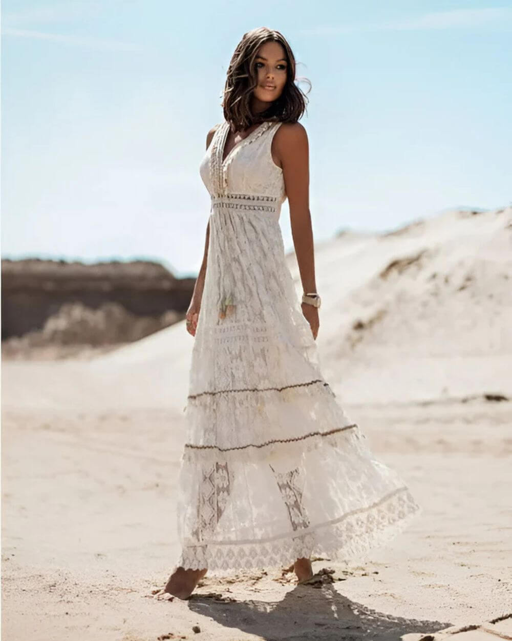 Jooli | White Lace Trim Sleeveless Maxi Dress