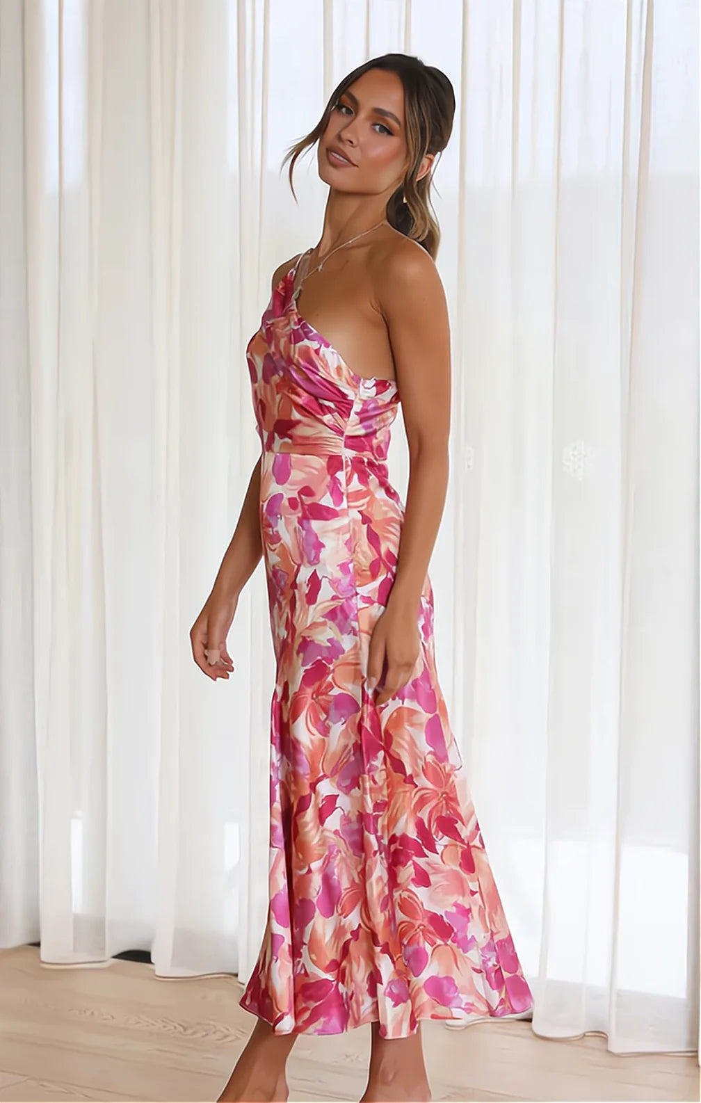 Cynthia | Floral Satin One Shoulder Midi Dress