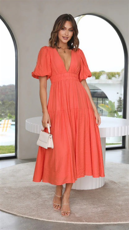 Delphine | Midi Dress V Neck Puff Sleeve
