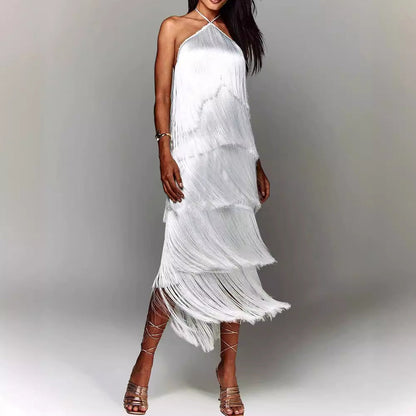 Eva | Fringe Halter Backless Maxi Dress