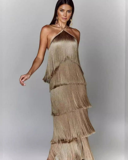 Eva | Fringe Halter Backless Maxi Dress