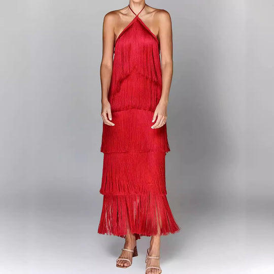 Eva | Fringe Halter Backless Maxi Dress