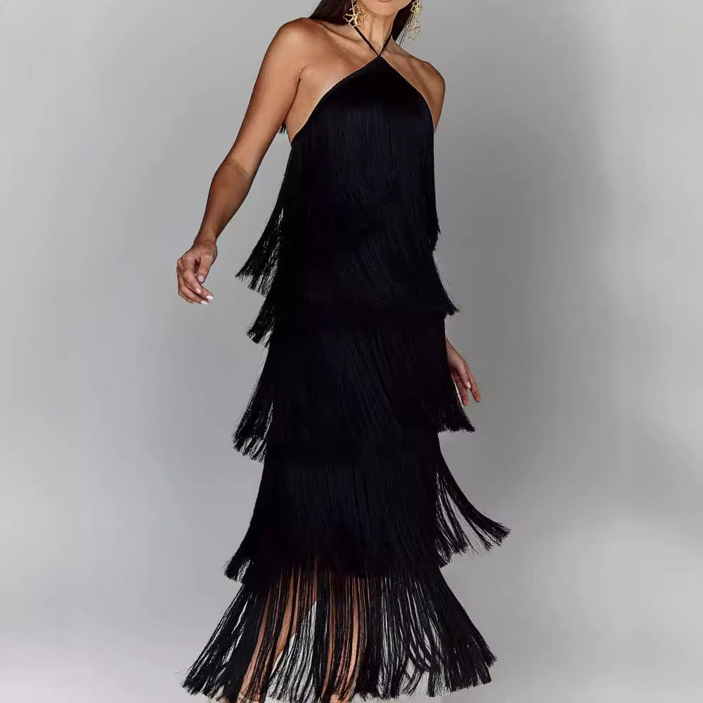 Eva | Fringe Halter Backless Maxi Dress