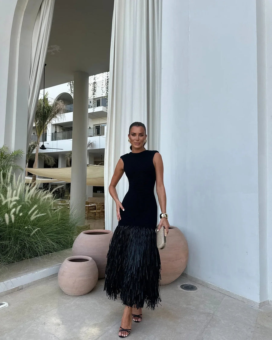 Ana | Fringed Midi Dress Sleeveless Black Fit