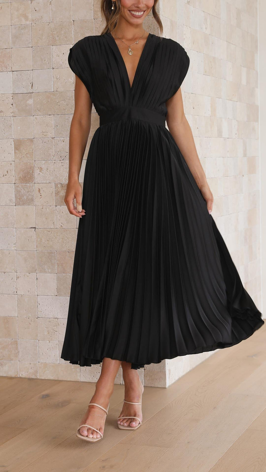 Iria | Pleated V Neck Midi Dress