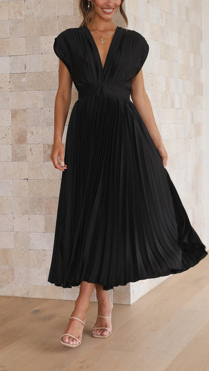 Iria | Pleated V Neck Midi Dress