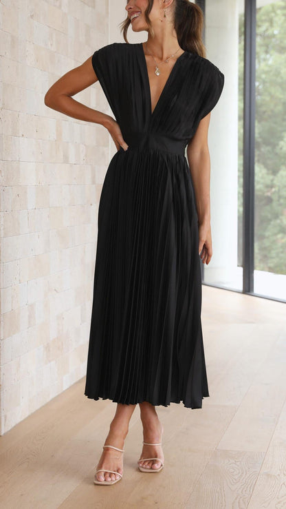 Iria | Pleated V Neck Midi Dress