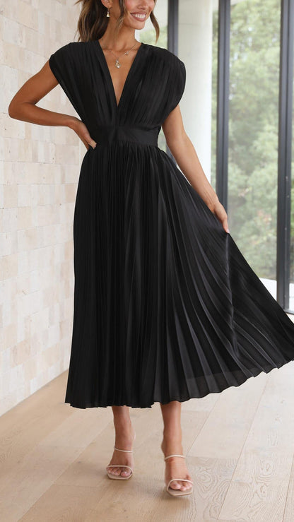 Iria | Pleated V Neck Midi Dress