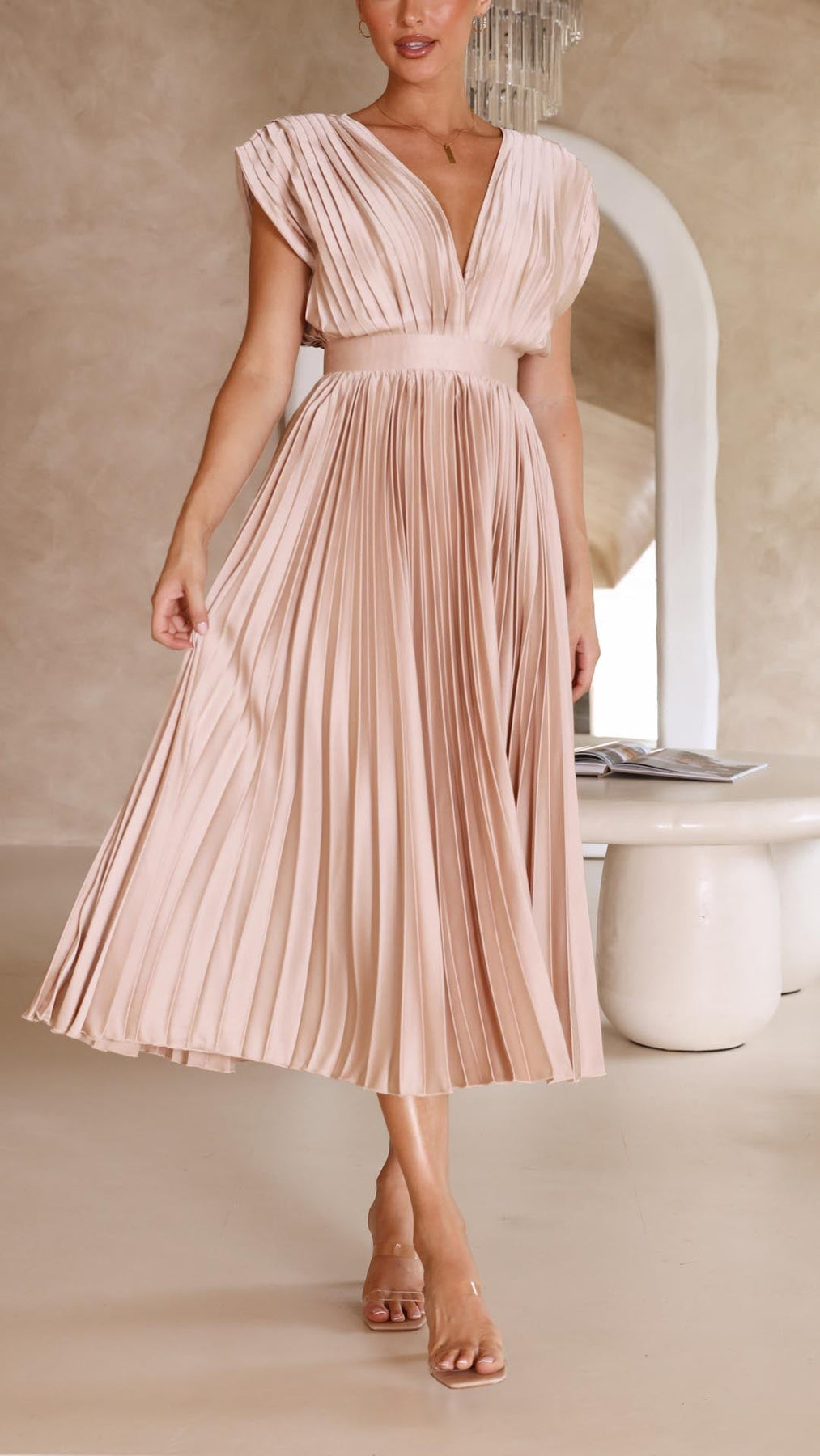 Iria | Pleated V Neck Midi Dress
