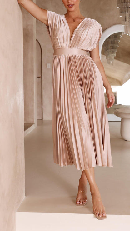 Iria | Pleated V Neck Midi Dress