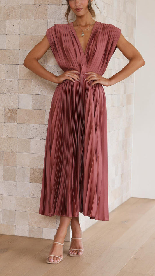 Iria | Pleated V Neck Midi Dress