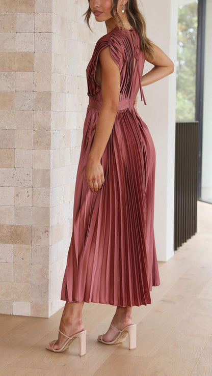 Iria | Pleated V Neck Midi Dress