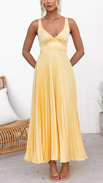 Sheree | Pleated V Neck Sleeveless Maxi Dress