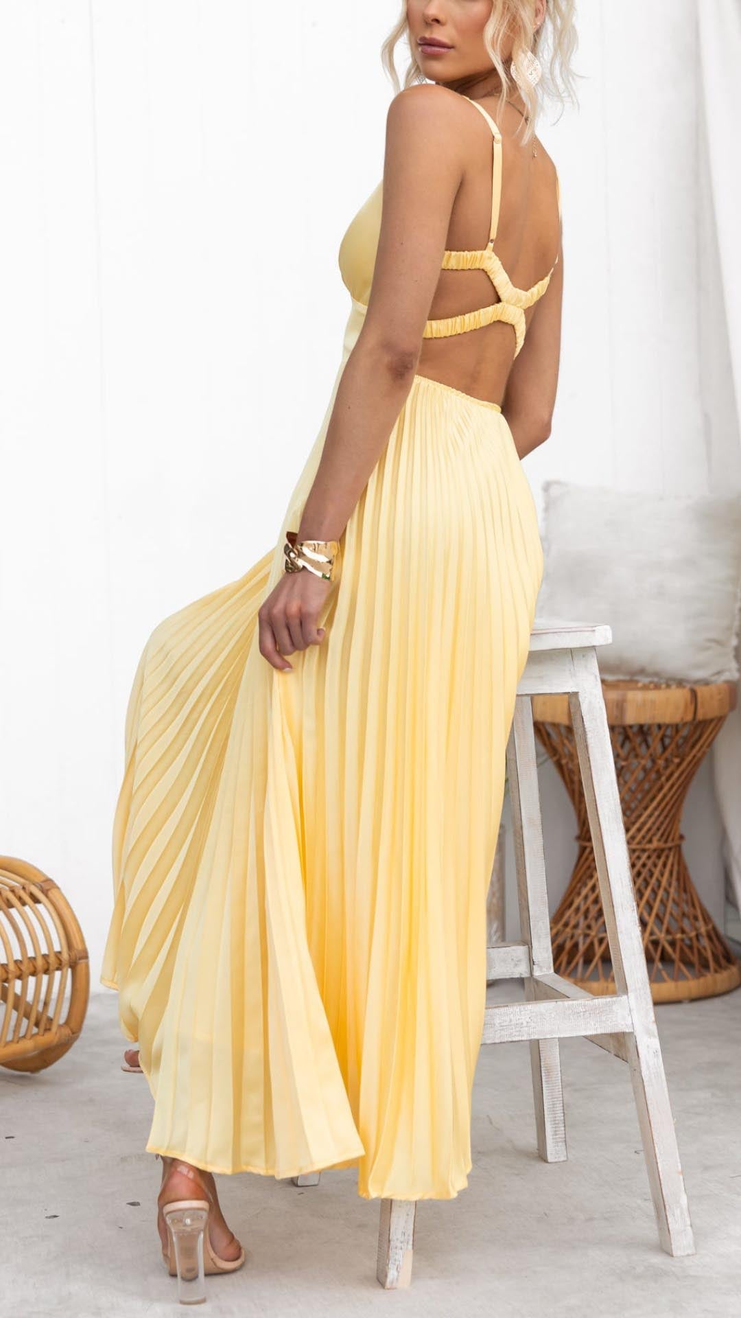 Sheree | Pleated V Neck Sleeveless Maxi Dress