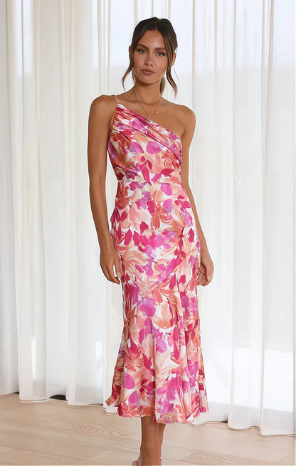 Cynthia | Floral Satin One Shoulder Midi Dress