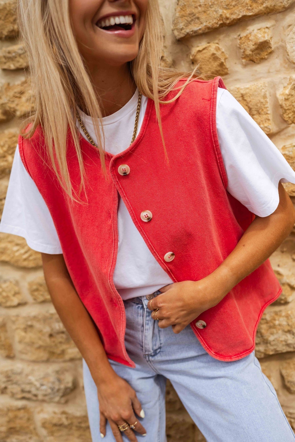 Ellinor | Button Front Coral Sleeveless Knit Vest