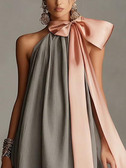Robin | Sleeveless Pleated Bow Neck Mini Dress