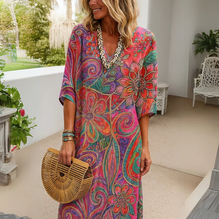 Maud | Floral Print V Neck Midi Dress
