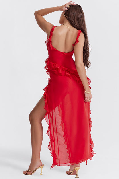Dalia | Ruffle Trim Sleeveless High Slit Maxi Dress