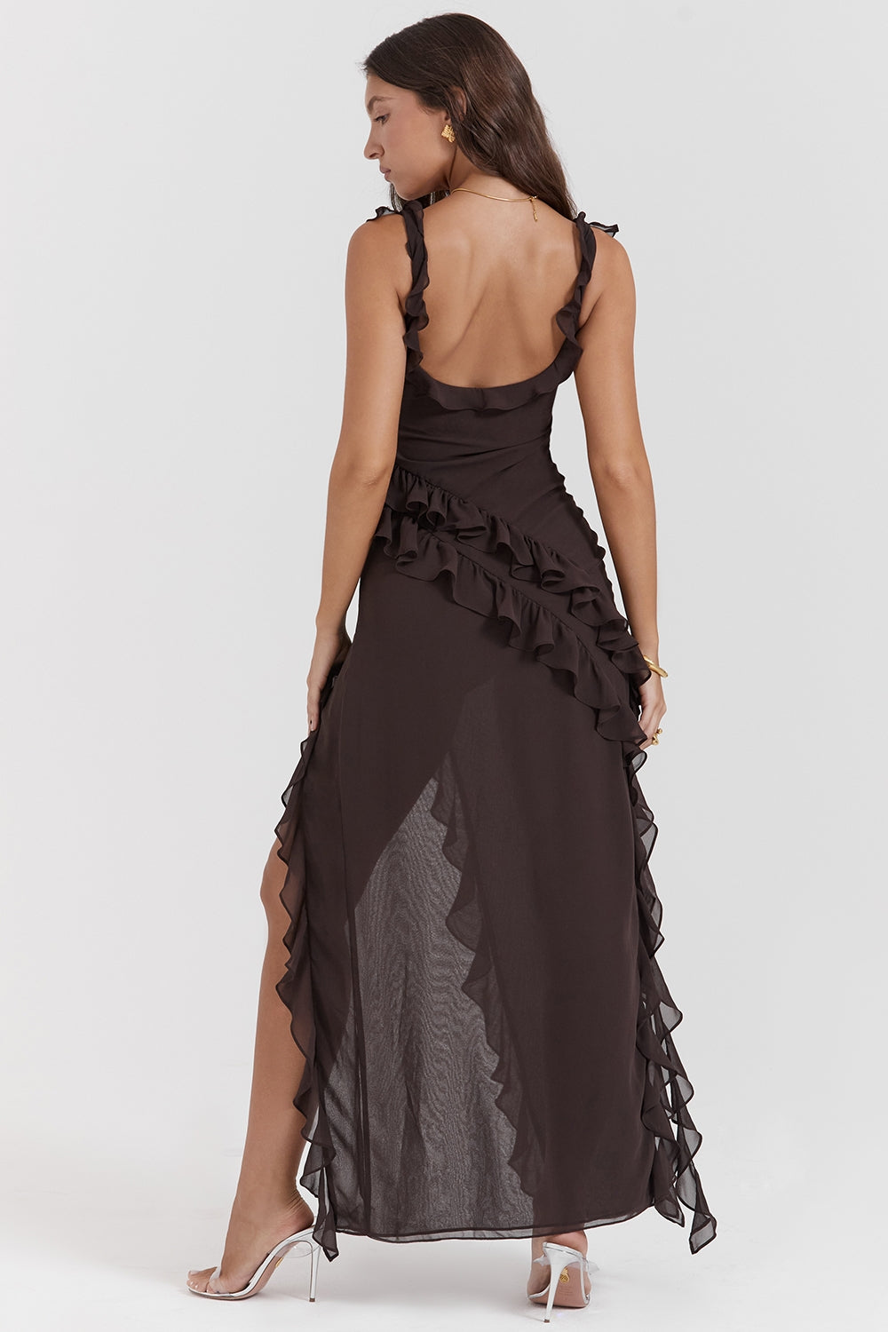 Dalia | Ruffle Trim Sleeveless High Slit Maxi Dress