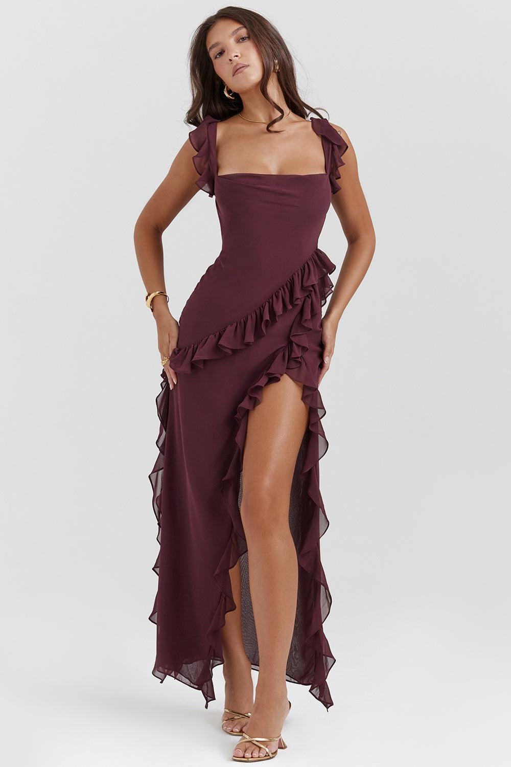 Dalia | Ruffle Trim Sleeveless High Slit Maxi Dress